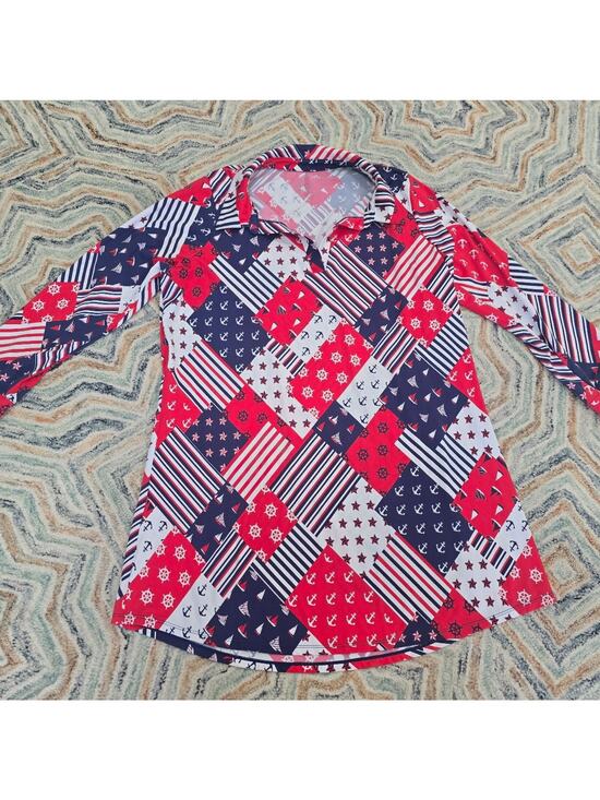 Denim Co Tops - Denim Co Beach Long Sleeve Swim Dress Cover Up 1X Americana Printed Top